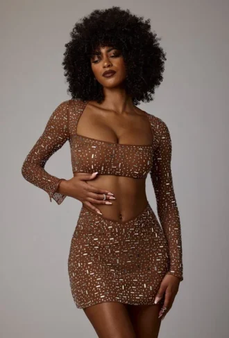 Guilia Sheer Embellished Long Sleeve Crop Top in Mocha