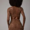 Thalassa Sheer Embellished V Waist Mini Skirt in Mocha