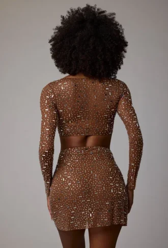 Thalassa Sheer Embellished V Waist Mini Skirt in Mocha