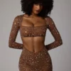 Thalassa Sheer Embellished V Waist Mini Skirt in Mocha