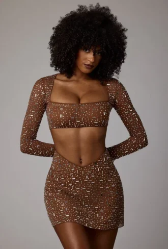Thalassa Sheer Embellished V Waist Mini Skirt in Mocha
