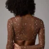 Guilia Sheer Embellished Long Sleeve Crop Top in Mocha
