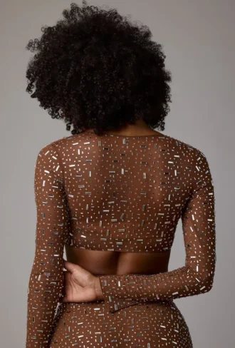 Guilia Sheer Embellished Long Sleeve Crop Top in Mocha