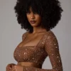Guilia Sheer Embellished Long Sleeve Crop Top in Mocha