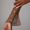 Guilia Sheer Embellished Long Sleeve Crop Top in Mocha