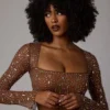 Guilia Sheer Embellished Long Sleeve Crop Top in Mocha