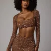 Thalassa Sheer Embellished V Waist Mini Skirt in Mocha