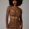 Thalassa Sheer Embellished V Waist Mini Skirt in Mocha