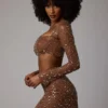 Thalassa Sheer Embellished V Waist Mini Skirt in Mocha