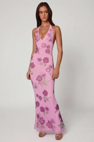Gyda Embellished Halterneck Maxi Dress in Soft Pink
