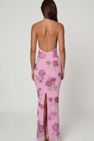 Gyda Embellished Halterneck Maxi Dress in Soft Pink
