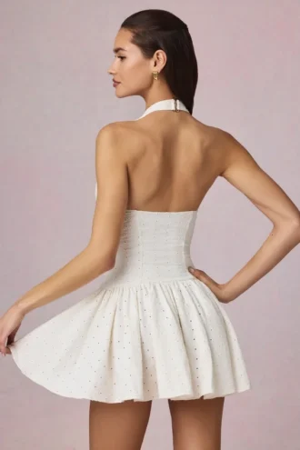 Haddie Modal Broderie Anglaise Halterneck Mini Dress in White