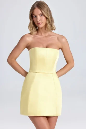 Haisley Bandeau Structured Tulip Mini Dress in Lemon Sherbet