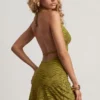 Halia Devoré Cowl A-Line Mini Dress in Olive Green