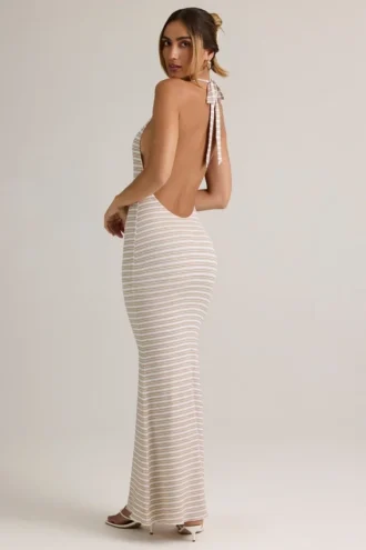 Hallie Modal Halterneck Maxi Dress in Pink Yellow Stripe