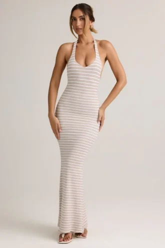 Hallie Modal Halterneck Maxi Dress in Pink Yellow Stripe