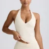 Halterneck Open-Back Tank Top in Ivory Marl