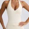 Halterneck Open-Back Tank Top in Ivory Marl