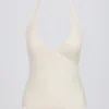 Halterneck Open-Back Tank Top in Ivory Marl