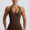 Halterneck Open-Back Tank Top in Pecan Marl