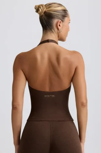Halterneck Open-Back Tank Top in Pecan Marl