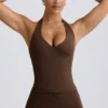 Halterneck Open-Back Tank Top in Pecan Marl