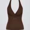Halterneck Open-Back Tank Top in Pecan Marl