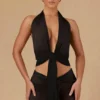 Harbour Tie-Front Halterneck Crop Top in Black