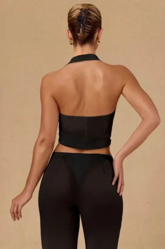 Harbour Tie-Front Halterneck Crop Top in Black