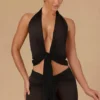 Harbour Tie-Front Halterneck Crop Top in Black
