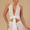 Harbour Tie-Front Halterneck Crop Top in White