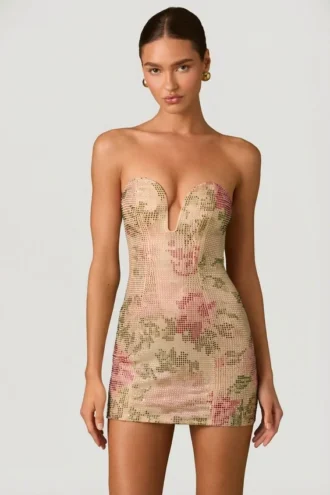Harlie Embellished Sweetheart-Neck A-Line Mini Dress in Rose Hotfix