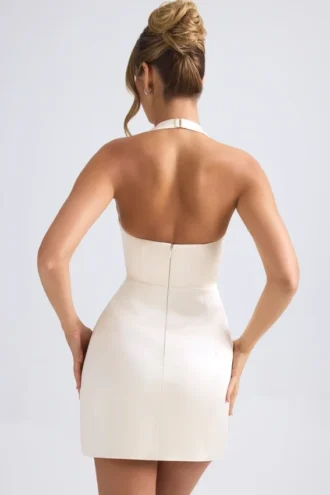 Harmonia Halterneck Structured Tulip Mini Dress in Ivory