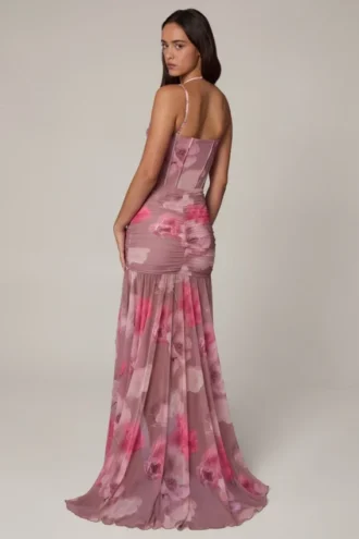 Haruna Ruched Asymmetric Corset Gown in Blurred Floral