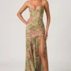 Haruna Ruched Asymmetric Corset Gown in Floral Multi Print