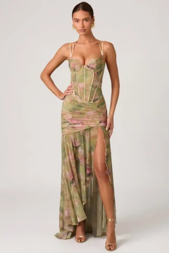 Haruna Ruched Asymmetric Corset Gown in Floral Multi Print