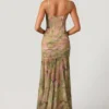 Haruna Ruched Asymmetric Corset Gown in Floral Multi Print