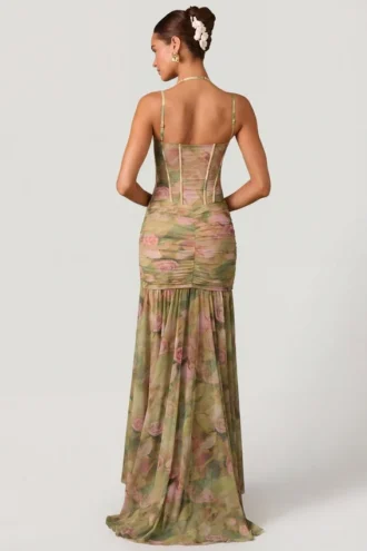 Haruna Ruched Asymmetric Corset Gown in Floral Multi Print