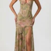 Haruna Ruched Asymmetric Corset Gown in Floral Multi Print