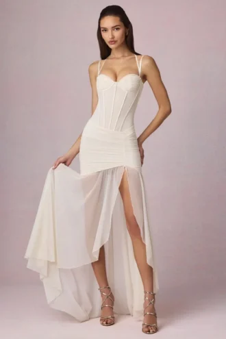 Haruna Ruched Asymmetric Corset Gown in Ivory