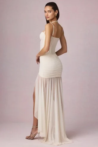 Haruna Ruched Asymmetric Corset Gown in Ivory