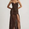 Haruna Ruched Asymmetric Corset Gown in Leopard Print