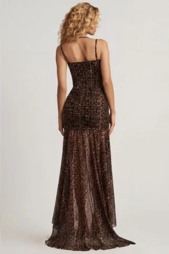 Haruna Ruched Asymmetric Corset Gown in Leopard Print