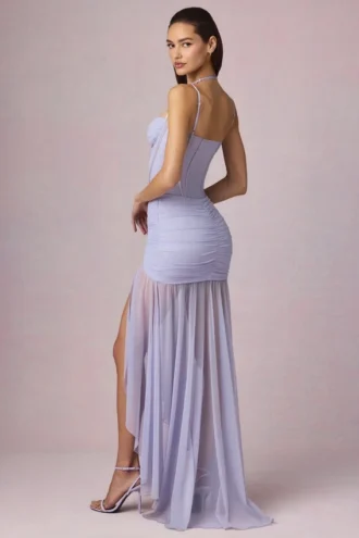 Haruna Ruched Asymmetric Corset Gown in Lilac