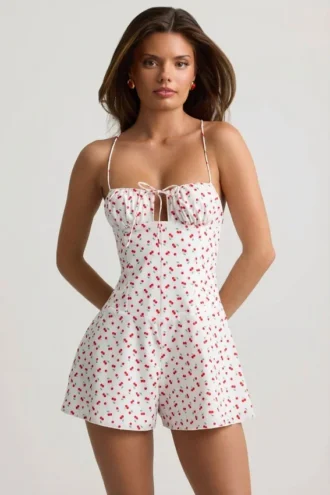Helaia Ruched Backless Playsuit in Cherry Print