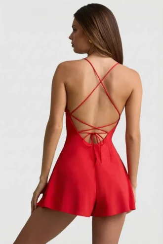 Helaia Ruched Backless Playsuit in Scarlet Red