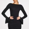 Helena Ribbed Modal Long-Sleeve Draped Mini Dress in Black