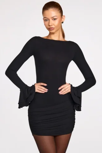 Helena Ribbed Modal Long-Sleeve Draped Mini Dress in Black