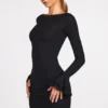 Helena Ribbed Modal Long-Sleeve Draped Mini Dress in Black