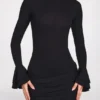 Helena Ribbed Modal Long-Sleeve Draped Mini Dress in Black